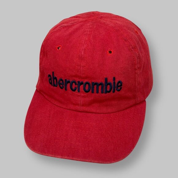 VTG Abercrombie & Fitch Hat Spellout Cap Red Heavy Canvas Leather Strap 80s USA - Picture 1 of 13